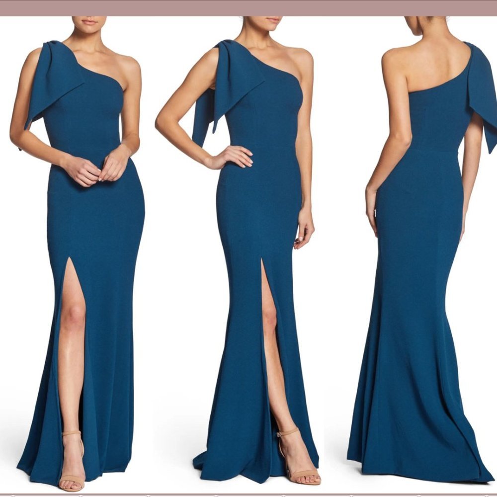 NEW Dress the Population [ Medium‎ ] Georgina One Shoulder Crepe Gown Blue #Q294